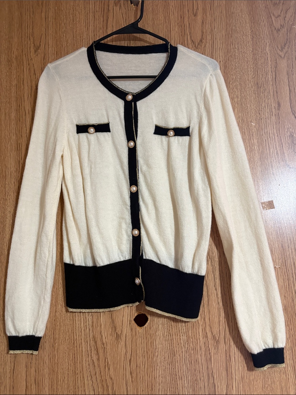 FEITU Cream Cardigan with Black Trim and Pearl Buttons